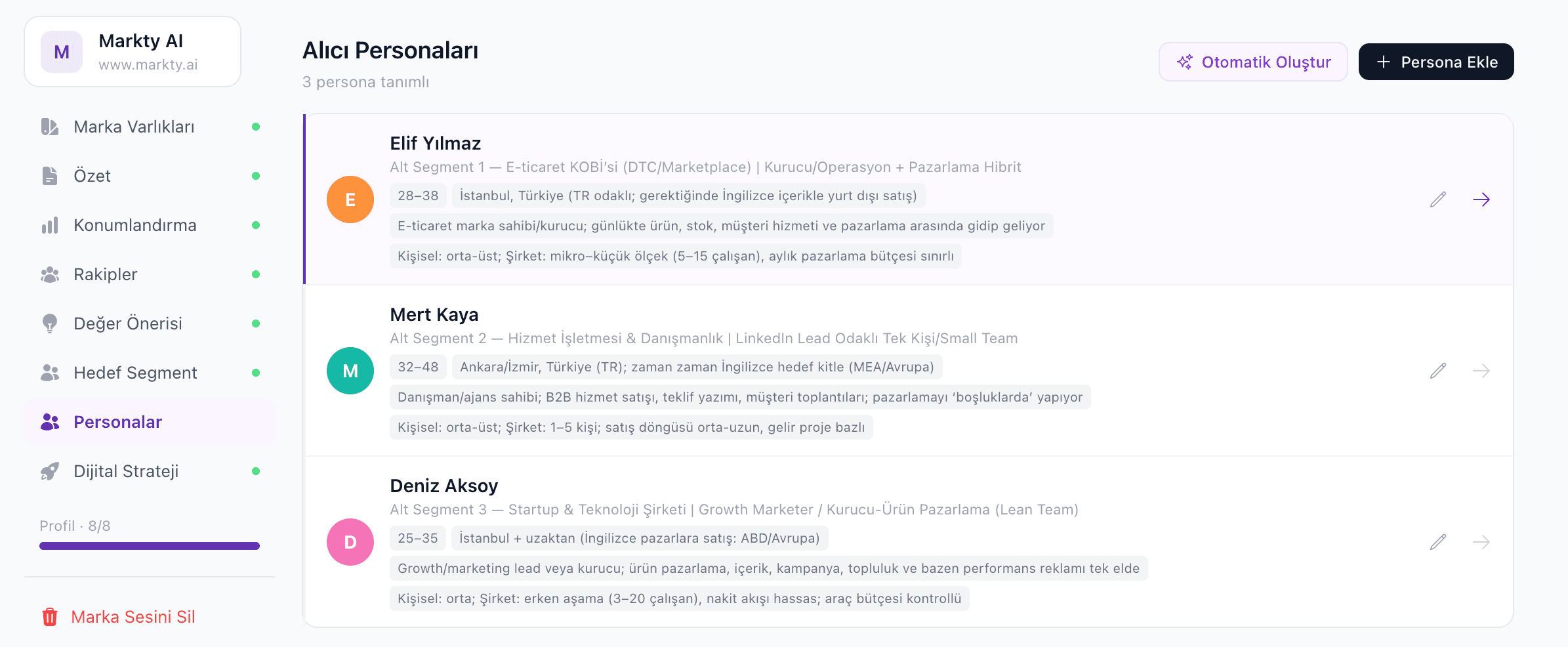Markan için uygun 3 persona oluşturur, çıktıları bu personalar için üretir. Böylece jenerik çıktılar yerine markanız gibi konuşur.