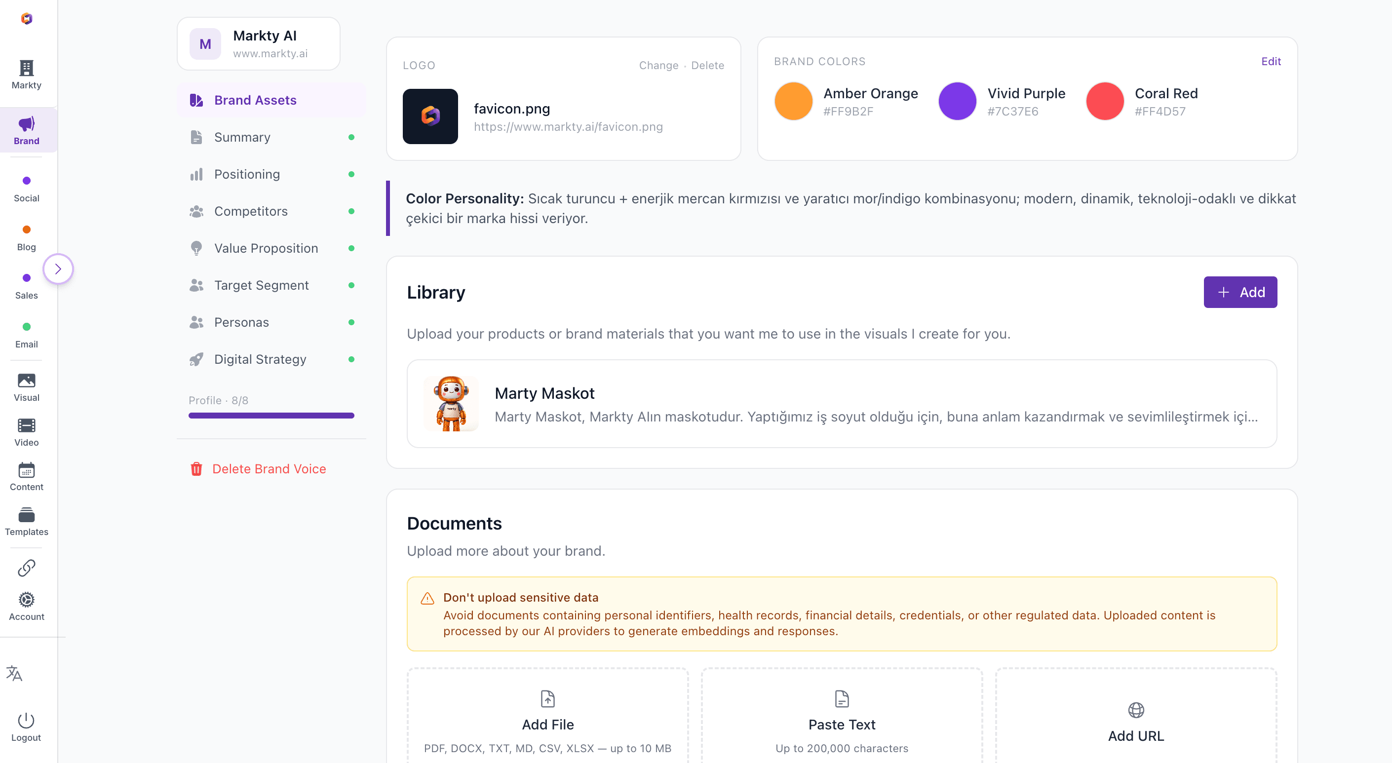 Learns your brand by analyzing your website and uploaded documents, your logo, brand assets, and tone of voice.
